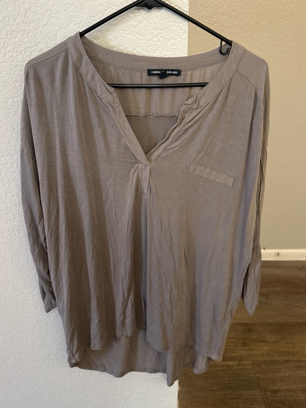 Cable & Gauge Taupe Relaxed V-Neck Roll-Sleeve Tunic